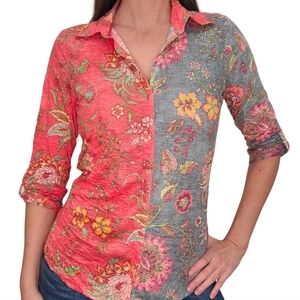 David Cline Floral Button Down Shirt - Blue Red Crushed Spice Long Sleeve Snap S